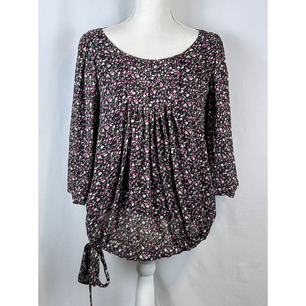 Antlia Femme Floral Print Side Tie Pleated Top Pink Black 3/4 Sleeve Chiffon